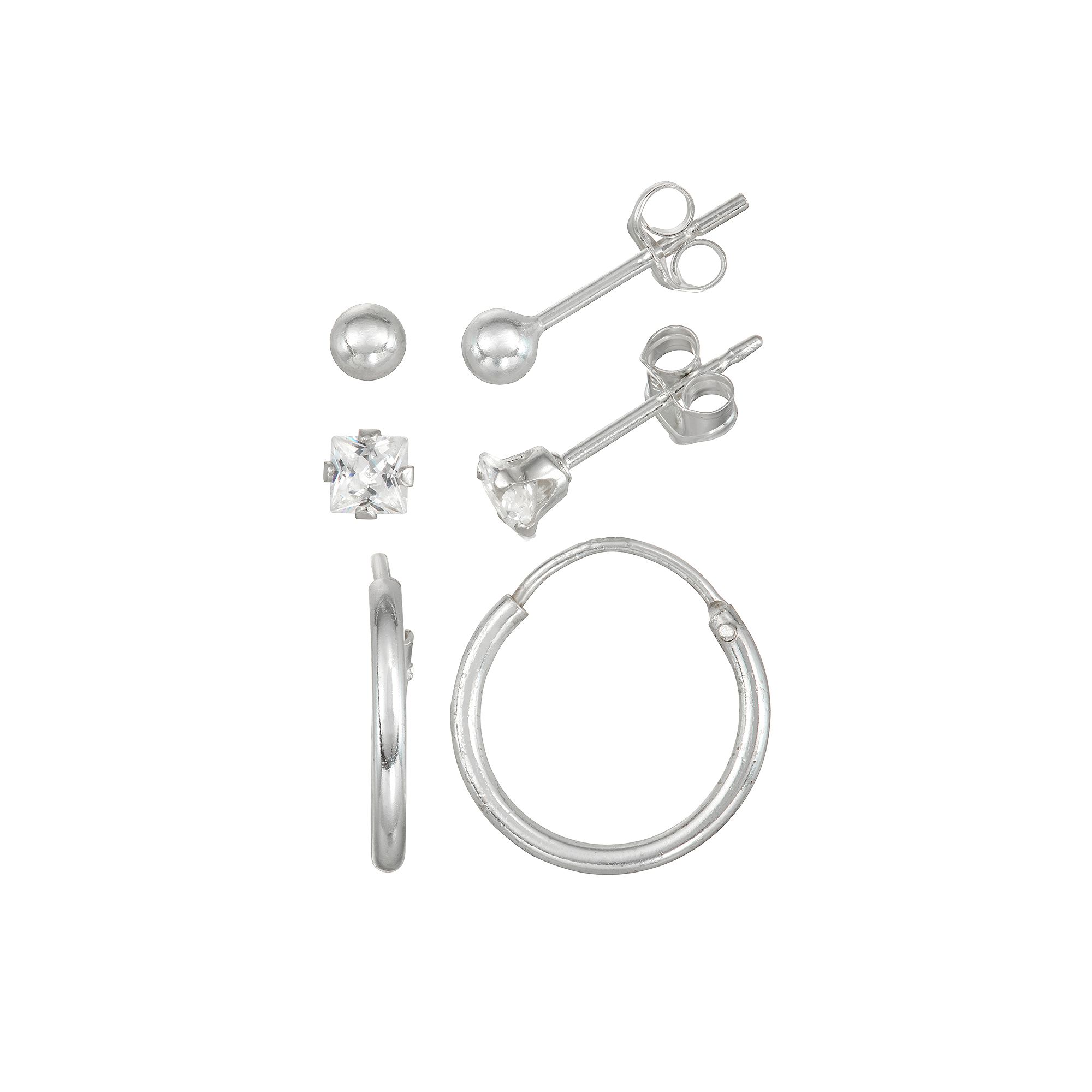 Charming Girl Kids Sterling Silver Hoop, Ball & Crystal Stud Earring Set, 