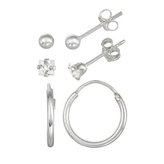 Charming Girl Kids' Sterling Silver Hoop, Ball & Crystal Stud Earring Set