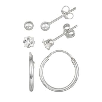 Charming Girl Kids' Sterling Silver Hoop, Ball & Crystal Stud Earring Set