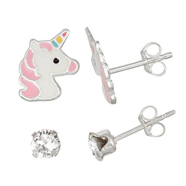 Charming Girl Kids' Sterling Silver Unicorn & Crystal Stud Earring Set