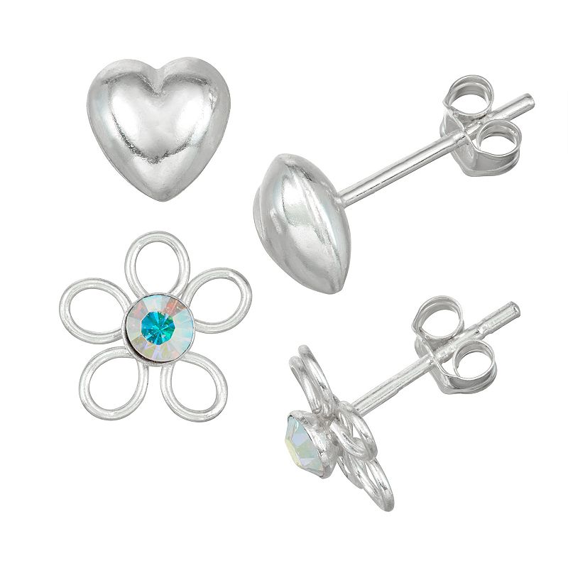 Charming Girl Kids Sterling Silver Crystal Flower & Puffed Heart Earring S
