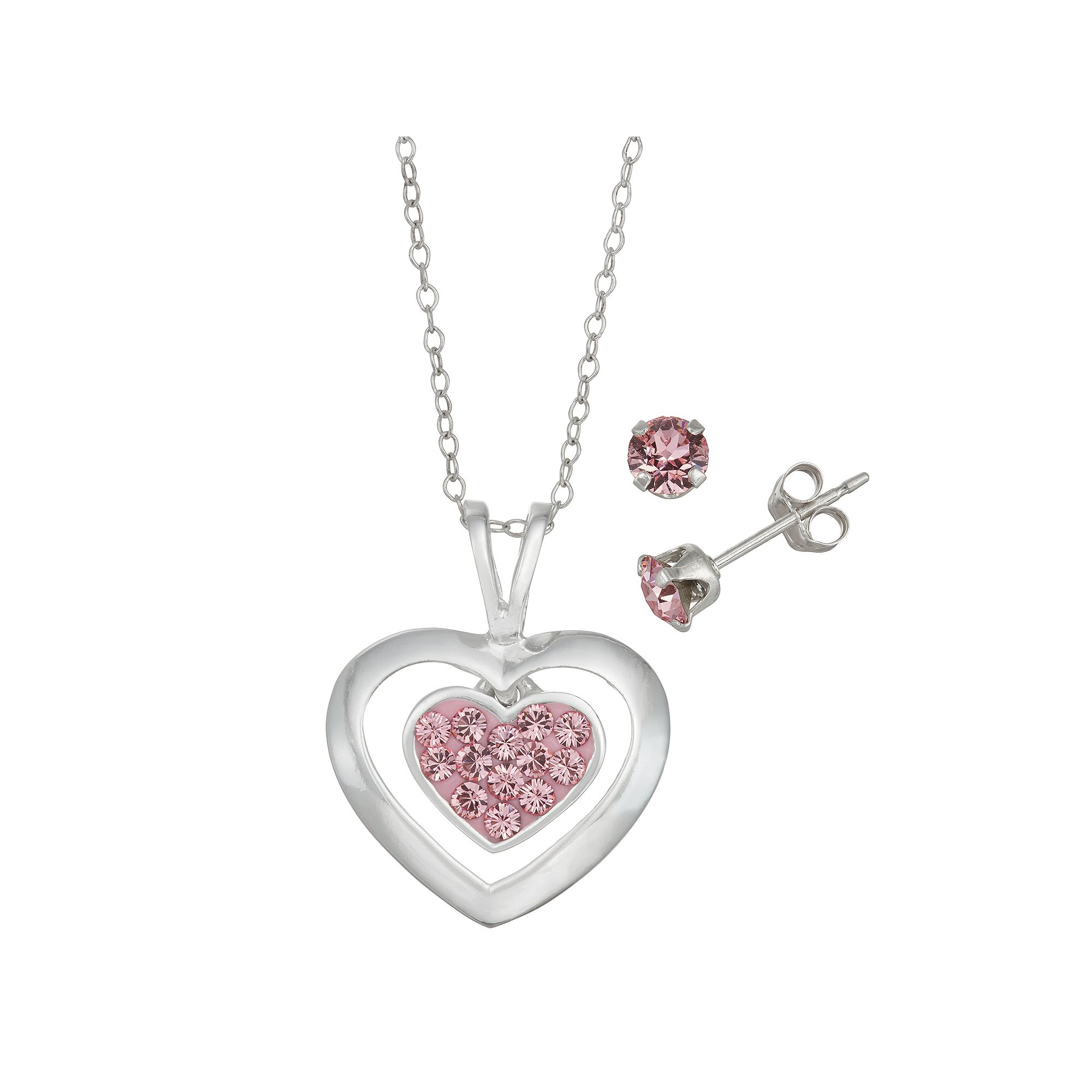 Charming Girl Kids Sterling Silver Pink Crystal Heart Pendant & Stud Earri