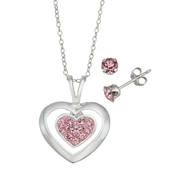 Charming Girl Kids' Sterling Silver Pink Crystal Heart Pendant & Stud Earring Set