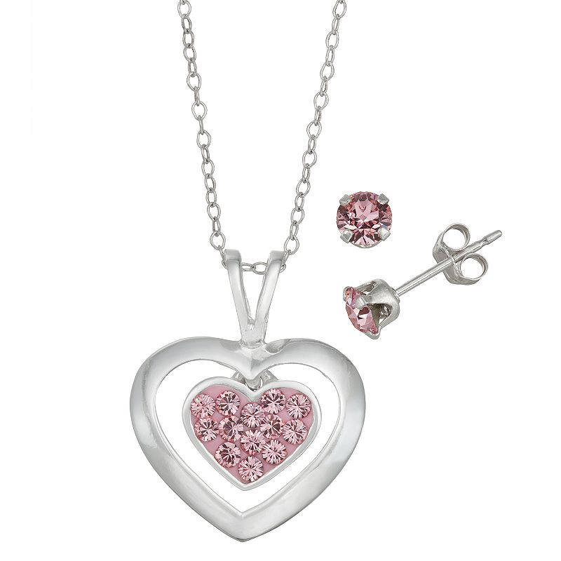 Charming Girl Kids Sterling Silver Pink Crystal Heart Pendant & Stud Earri