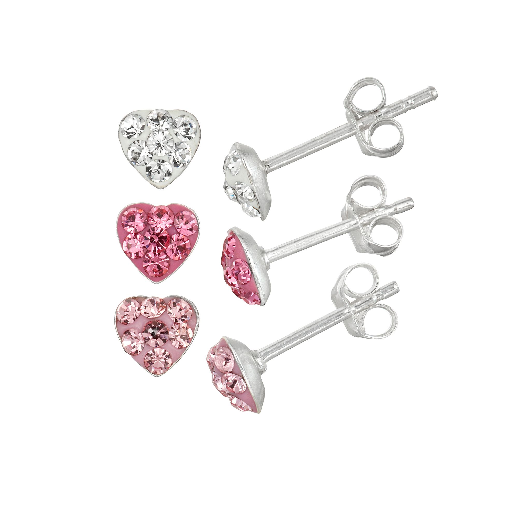 Charming Girl Kids Sterling Silver Crystal Heart Stud Earring Set - 3 Pair