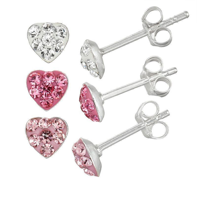 Charming Girl Kids Sterling Silver Crystal Heart Stud Earring Set - 3 Pair