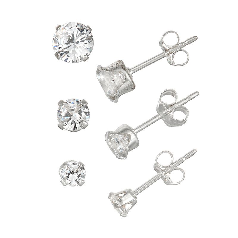 Charming Girl Kids Sterling Silver Crystal Stud Earring Set - 3 Pair, Wome