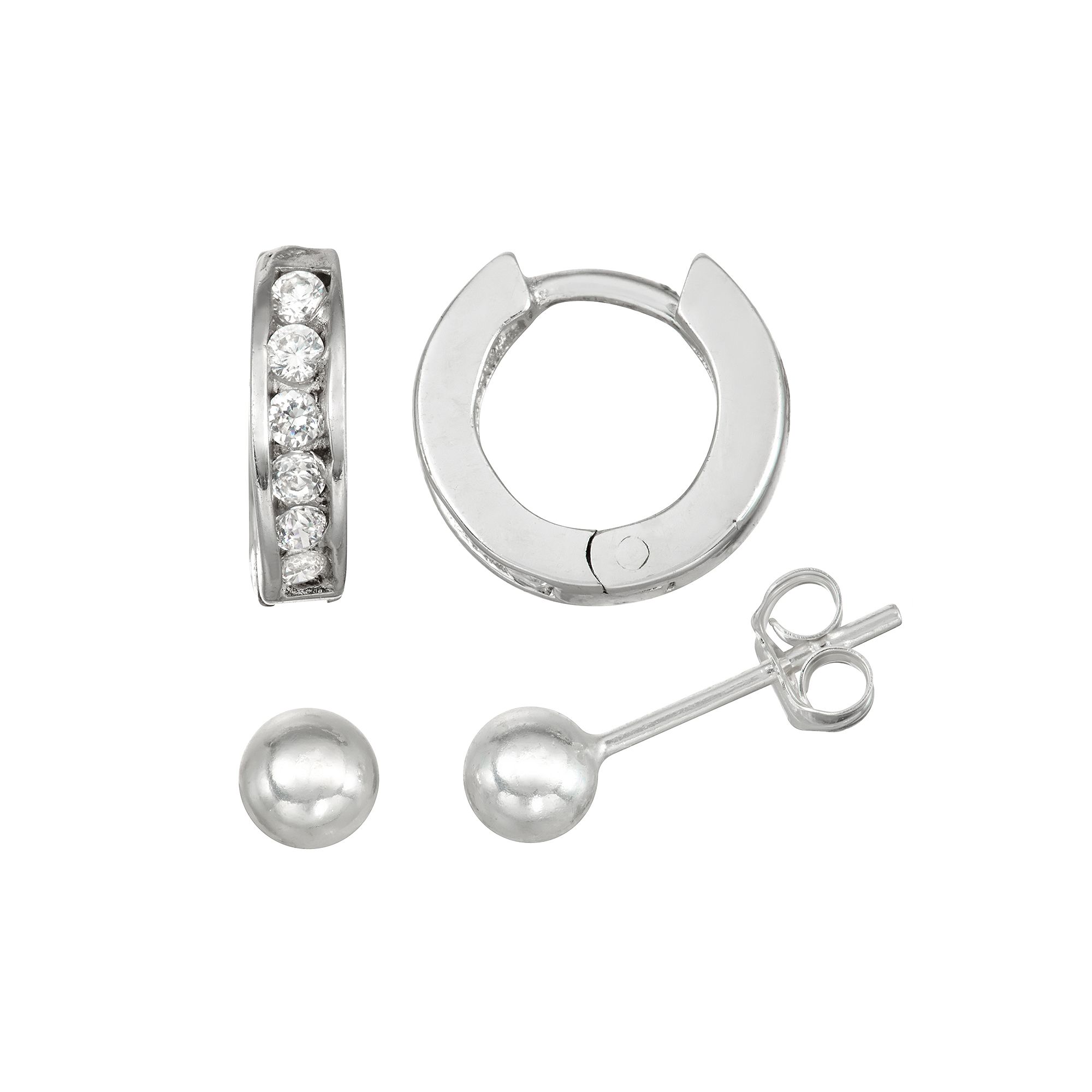 Charming Girl Kids Sterling Silver Crystal Huggie Hoop & Ball Stud Earring