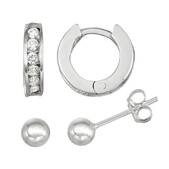 Charming Girl Kids' Sterling Silver Crystal Huggie Hoop & Ball Stud Earring Set