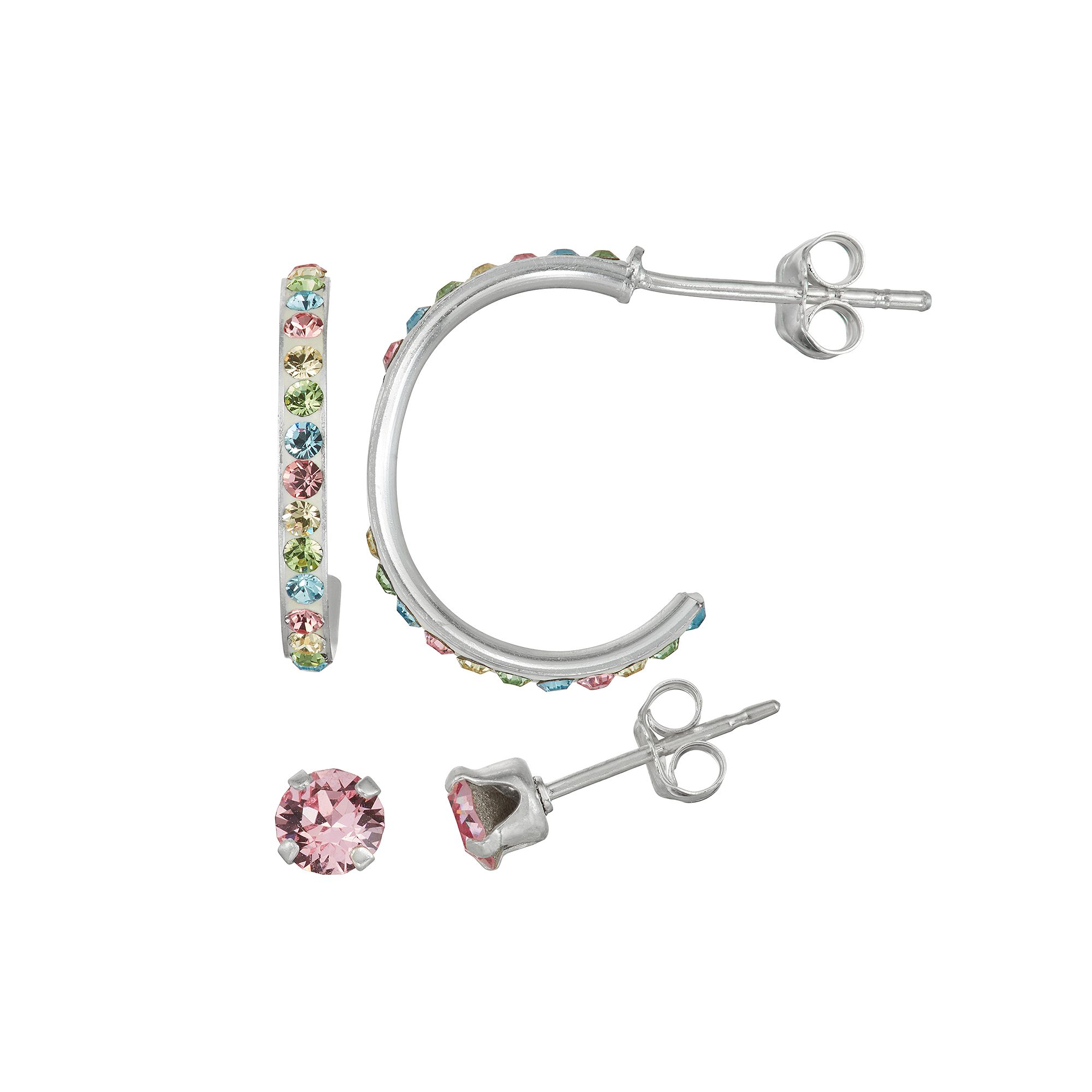 Charming Girl Kids Sterling Silver Pastel Crystal Hoop & Stud Earring Set,