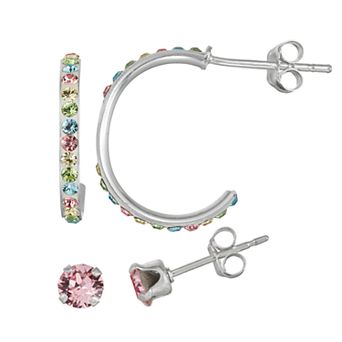 Charming Girl Kids' Sterling Silver Pastel Crystal Hoop & Stud Earring Set