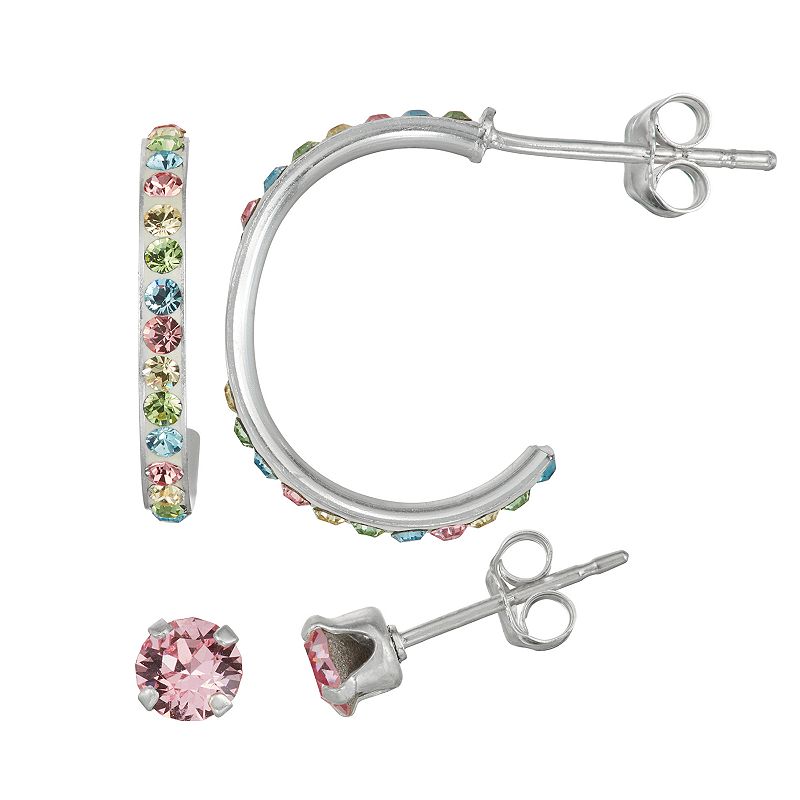 Charming Girl Kids Sterling Silver Pastel Crystal Hoop & Stud Earring Set,