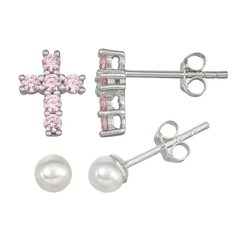 Charming Girl Kids Sterling Silver Pink Crystal Cross & Simulated Pearl St