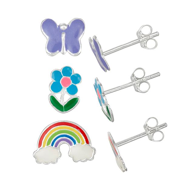 Charming Girl Kids' Sterling Silver Enamel Butterfly, Flower & Rainbow ...