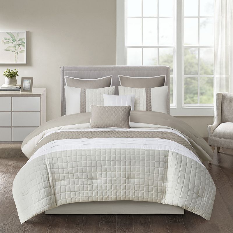 510 Design Irvine 8-piece Comforter Set with Throw Pillows, Beig/Green, Que
