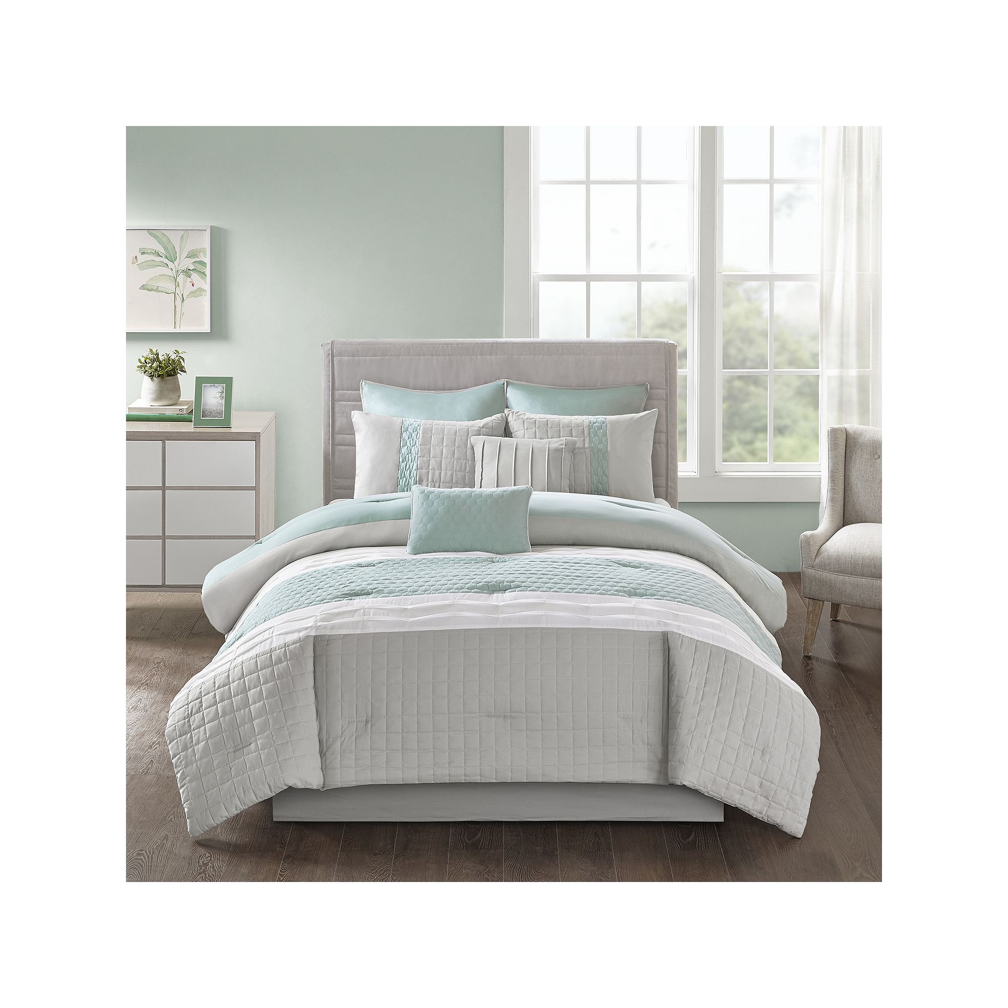 510 Design Irvine 8-piece Comforter Set with Throw Pillows, Seafoam Gray