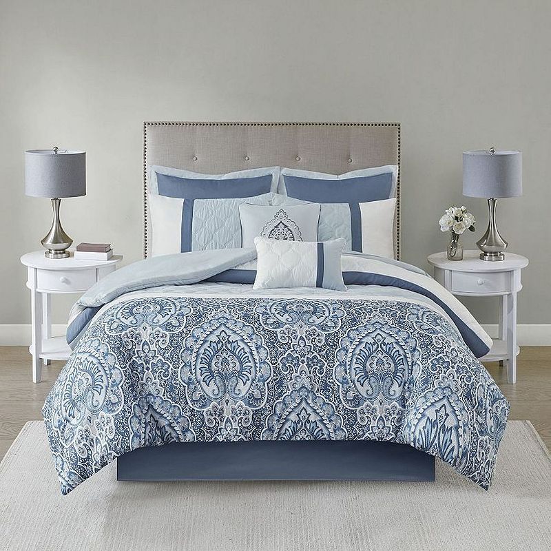 510 Design 8pc California King Stacie Comforter Set Blue: Microfiber Damask Pattern, Includes Euro Shams & Bed Skirt