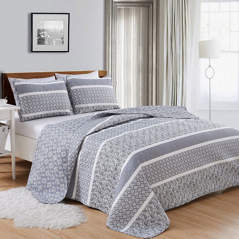Home Fashion Designs Kadi Collection Quilt Set with Shams, Grey, Full/Queen
