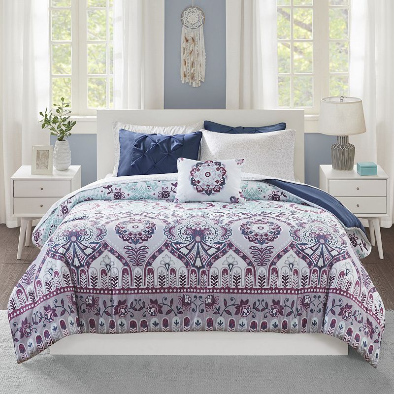 Intelligent Design Avery Boho Comforter Set with Sheets, Purple, Full