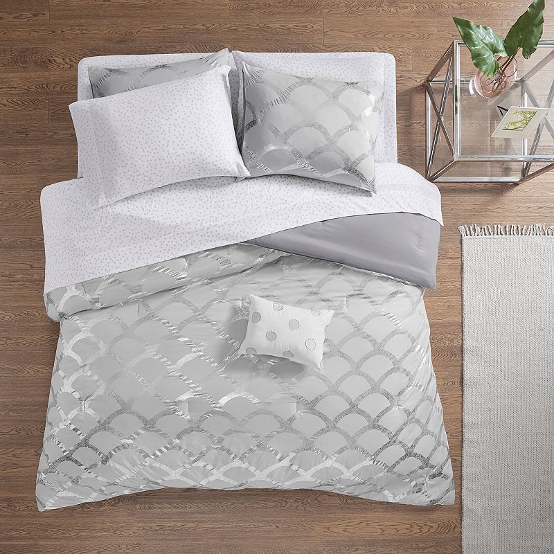Intelligent Design Kaylee Metallic Comforter Set with Sheets, Grey, Queen