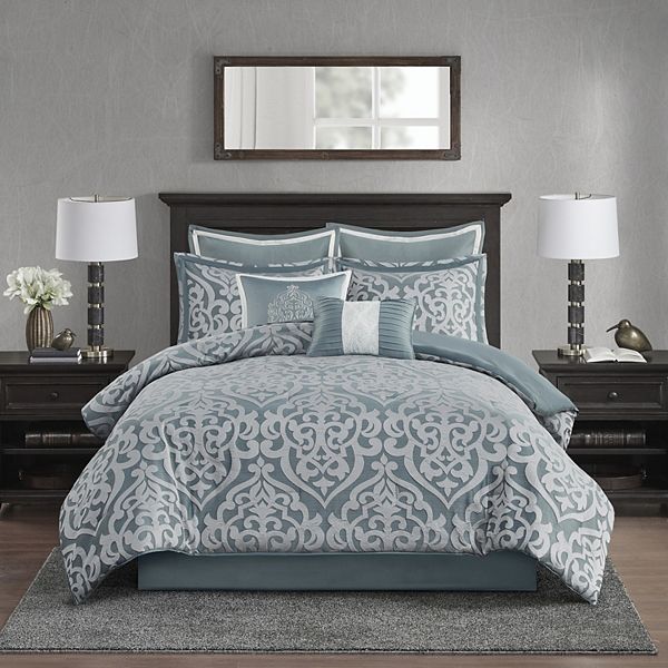 Madison Park 8pc King Eilot Jacquard Comforter Set Aqua Green: Luxury Damask Pattern, Transitional Style, Polyester Fill