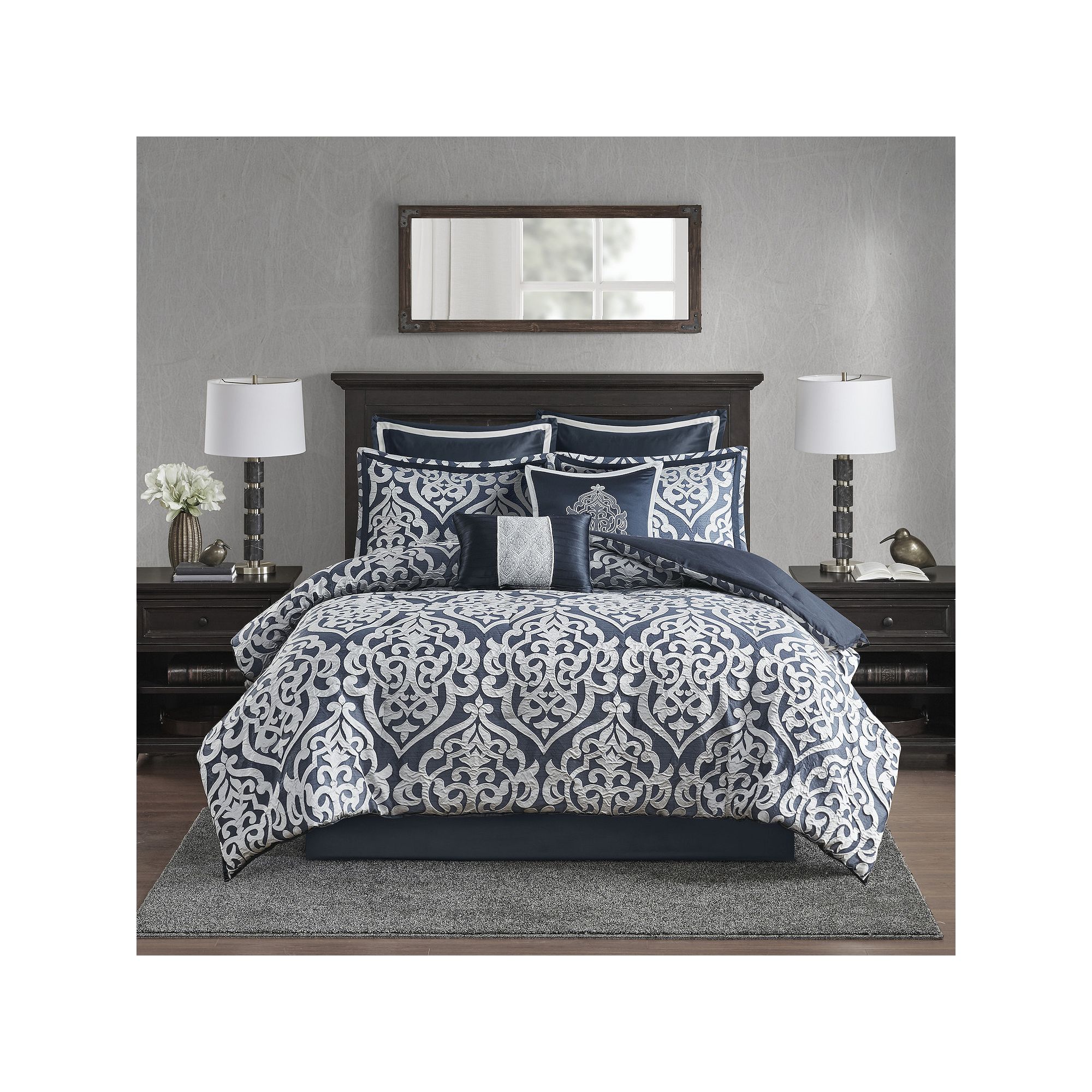 Madison Park Dillon 8-Piece Jacquard Comforter Set with Throw Pillows, Navy