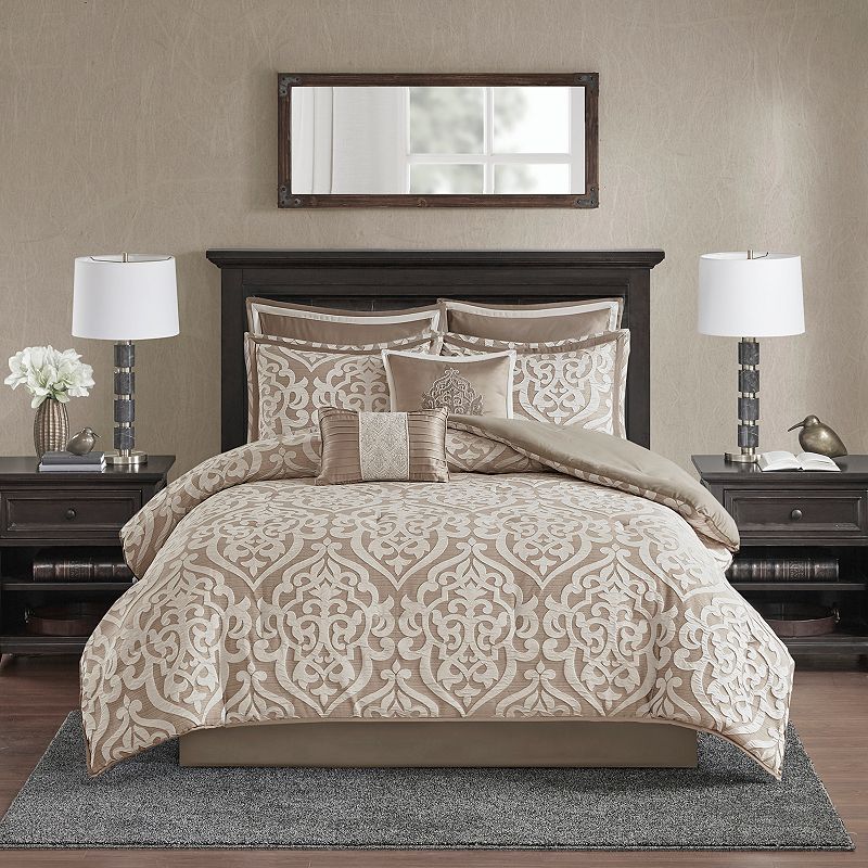Madison Park Odette 8-Piece Polyester Jacquard Comforter Set in Tan