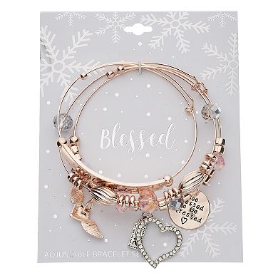 Rose Gold Tone Charm &  Bead "Blessed" Charm Bangle Bracelet Set