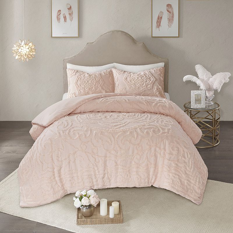 3pc King/California King Cecily Cotton Chenille Medallion Comforter Set - Blush: Elegant, All-Season, Reversible, Oeko-Tex Certified