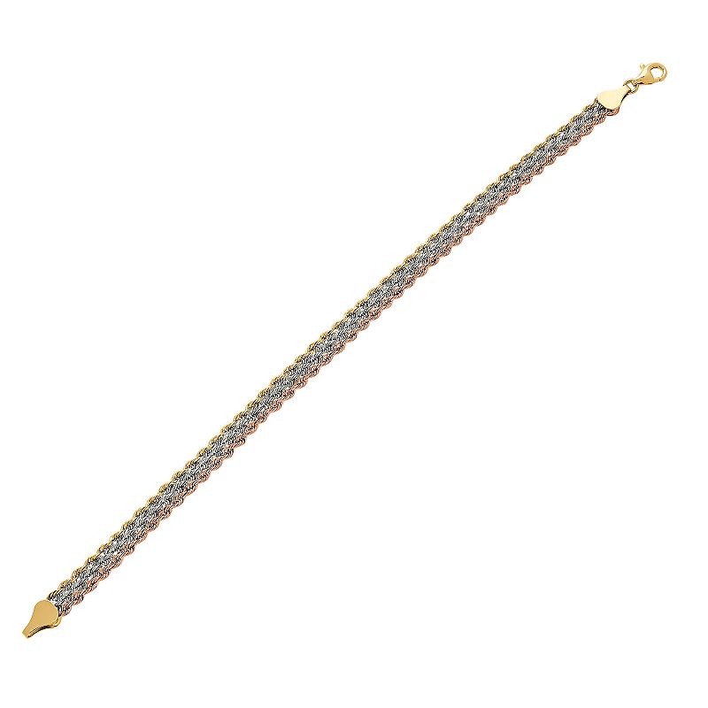 Tri-Tone 10k Gold Rope Bracelet, Womens, Size: 7.5, Multicolor