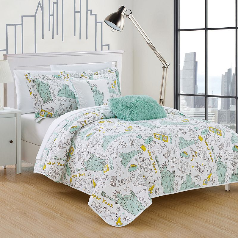 Chic Home New York Quilt Set, Green, Full