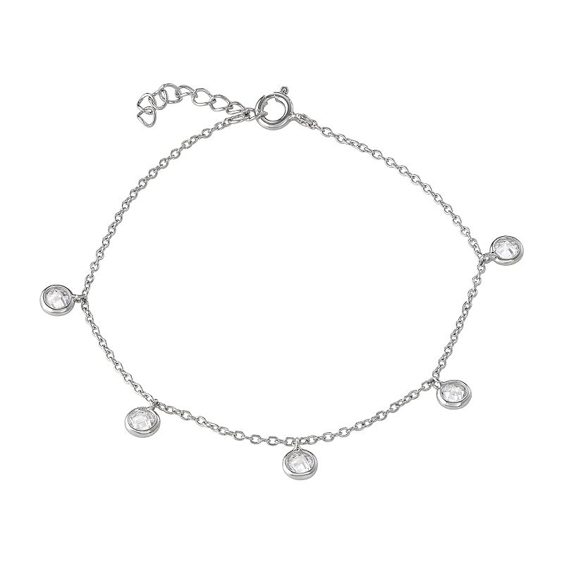 Sterling Silver Cubic Zirconia Bezel Station Anklet, Womens, White