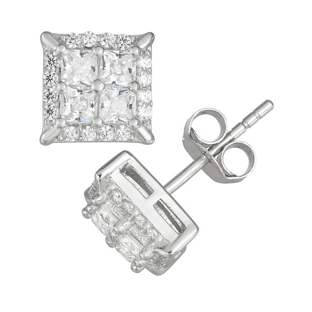 Men's Sterling Silver Cubic Zirconia Square Stud Earrings, White