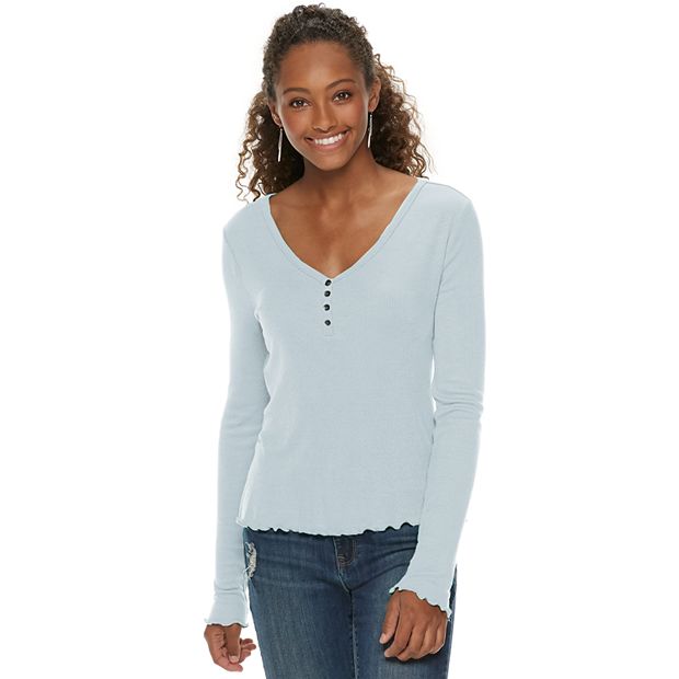 Ribbed Henley Long Sleeve Top