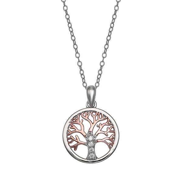 Primrose Two Tone 18k Rose Gold Over Silver Cubic Zirconia Family Tree Pendant Necklace