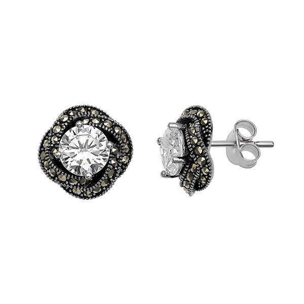 PRIMROSE Sterling Silver Cubic Zirconia & Marcasite Love Knot Stud Earrings