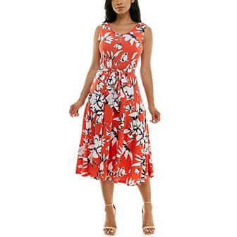 Women's Nina Leonard Belted Sleeveless Print Midi Dress