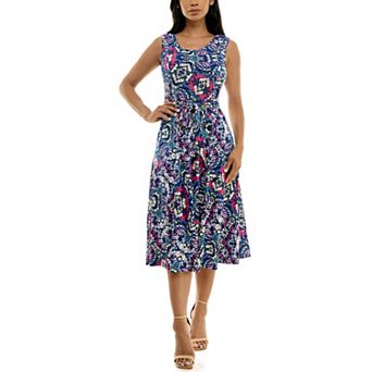 Women's Nina Leonard Belted Sleeveless Print Midi Dress