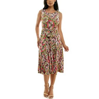 Women's Nina Leonard Belted Sleeveless Print Midi Dress