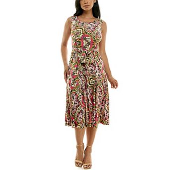 Women's Nina Leonard Belted Sleeveless Print Midi Dress