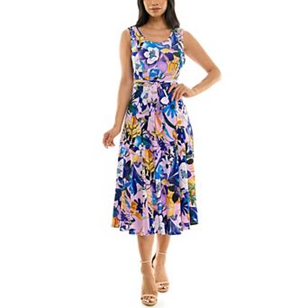 Women's Nina Leonard Belted Sleeveless Print Midi Dress