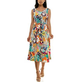 Women's Nina Leonard Belted Sleeveless Print Midi Dress