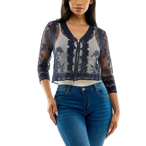 Women's Nina Leonard Embroidered Sheer Tulle Bolero