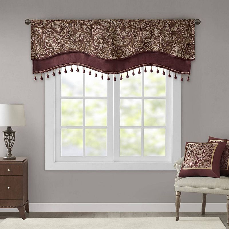 Madison Park Aubrey Jacquard Window Rod Pocket Valance With Beads in Burgundy  50 x18