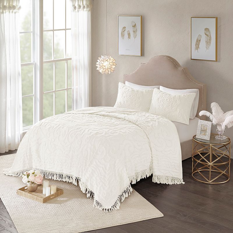 Madison Park 3-piece Virginia Cotton Chenille Medallion Fringe Coverlet Set