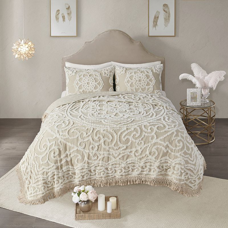 Madison Park 3-piece Virginia Cotton Chenille Medallion Fringe Coverlet Set