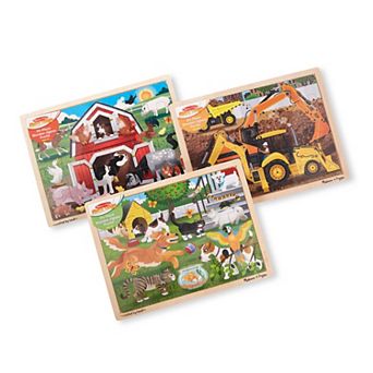 Melissa & Doug 24 pc Wooden Jigsaw Puzzle 3-Pack - Farm, Construction, Pets
