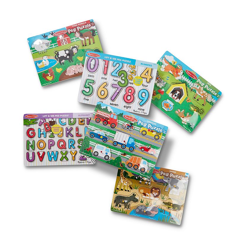 Melissa & Doug Wooden Peg Puzzle 6-Pack - Numbers, Letters, Animals, Vehicl