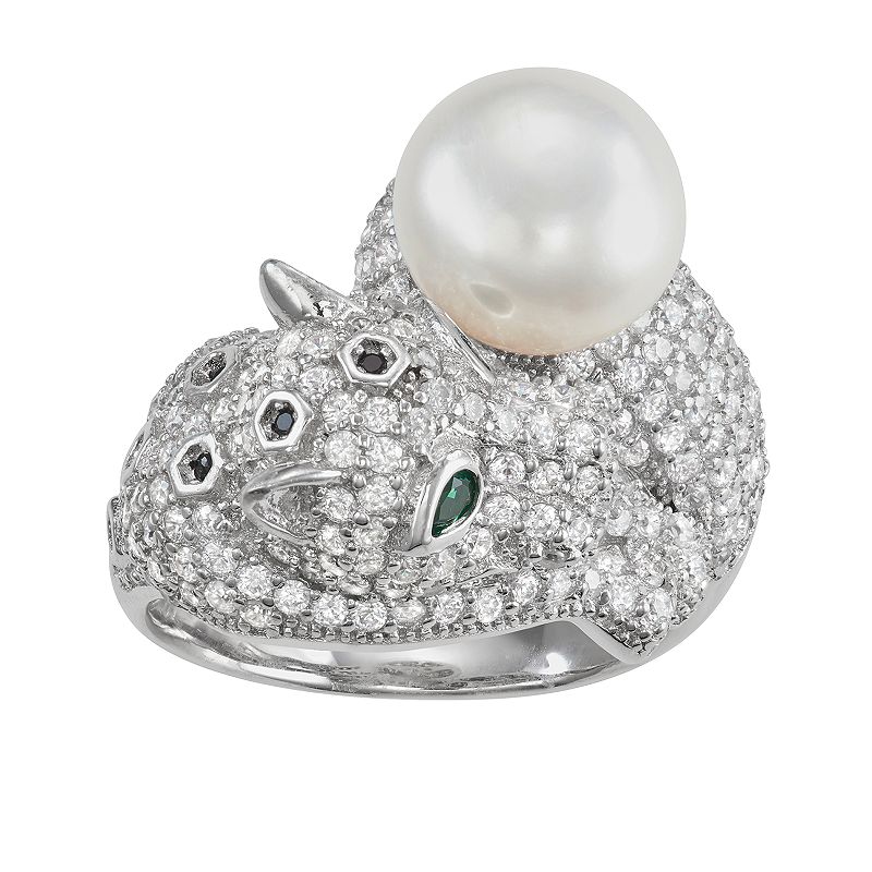 Sterling Silver Freshwater Cultured Pearl & Cubic Zirconia Panther Ring, Wo