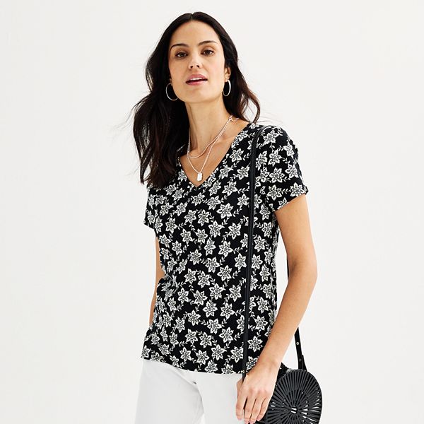 Women's Croft & Barrow® Essential V-Neck Tee - Black White Blooms (LARGE)